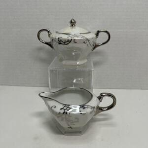 Vtg Lusterware Platinum Silver Iridescent Art Deco Cream Lidded Sugar Bowl Set